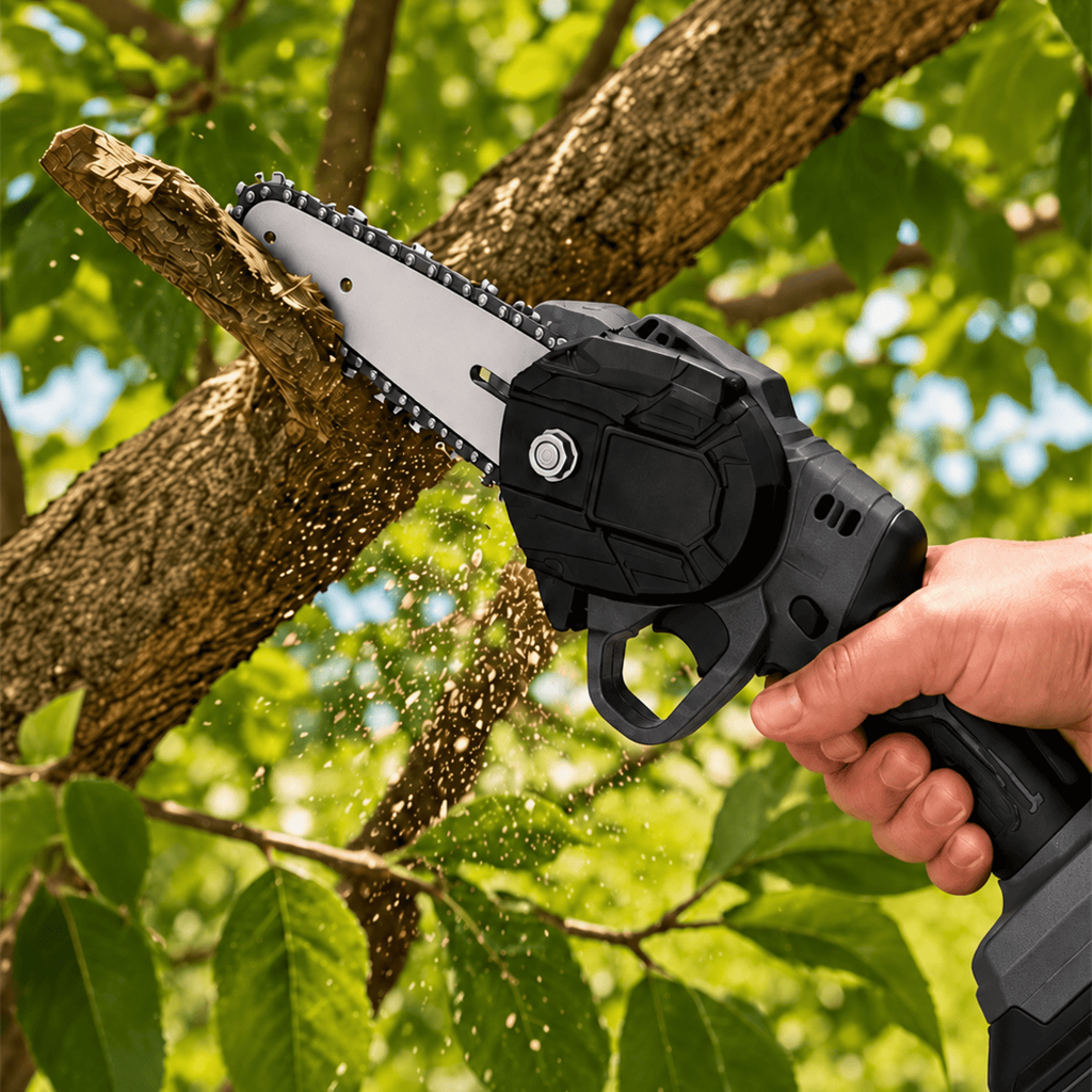 Mini motosierra a batería cortando una rama de árbol