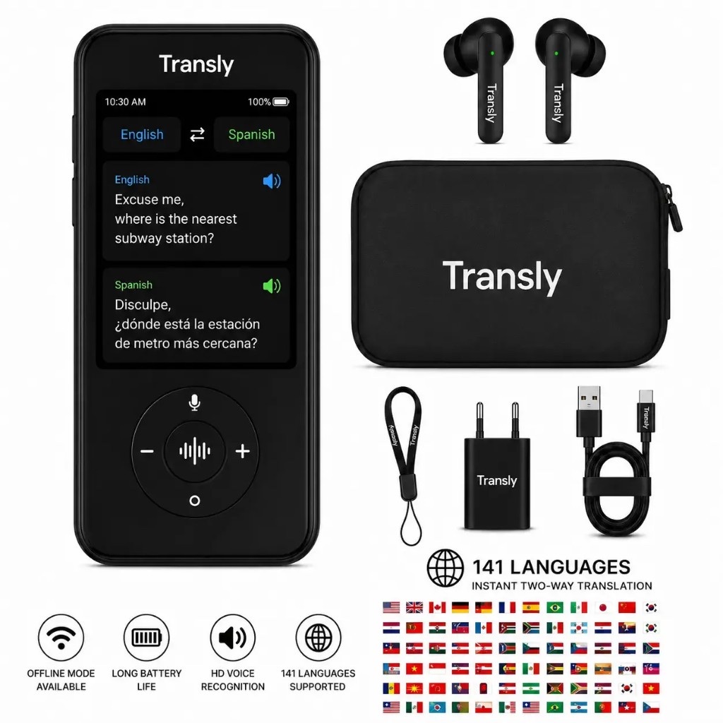 Kit completo Transly traduttore AI con auricolari e custodia